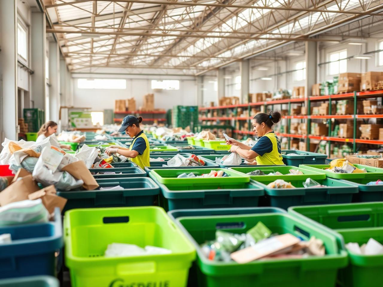 Workers sorting recyclables in eco-facility